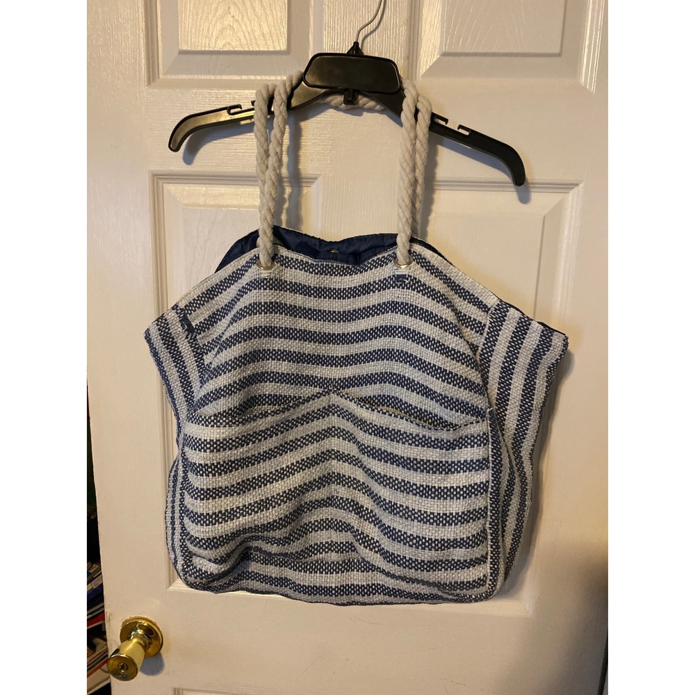 DSW Blue White Striped Woven Beach Tote Bag Rope Handles Nautical Large